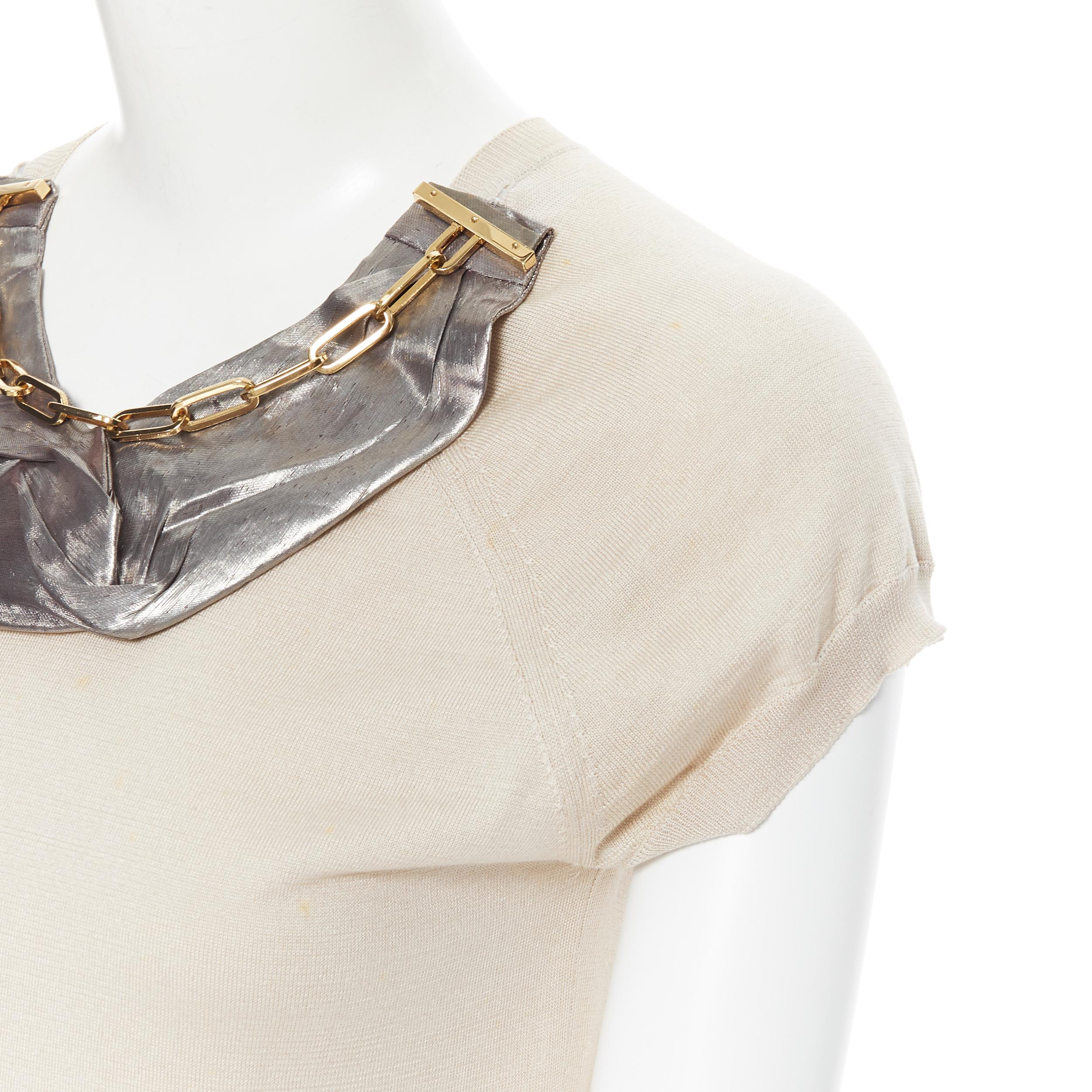 LOUIS VUITTON beige silk cotton knit gold chain necklace pullover top XS In Good Condition For Sale In Hong Kong, NT