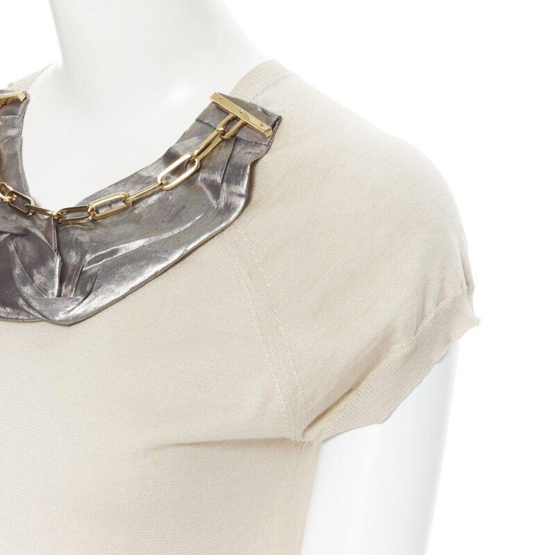LOUIS VUITTON beige silk cotton knit gold chain necklace pullover top XS For Sale 2