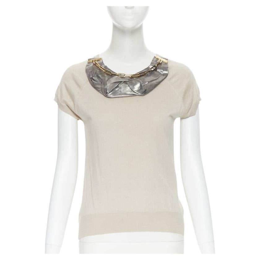 LOUIS VUITTON beige silk cotton knit gold chain necklace pullover top XS For Sale