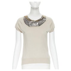 LOUIS VUITTON Beigefarbenes Oberteil aus Seiden-Baumwollstrick mit goldener Kette und Halskette XS