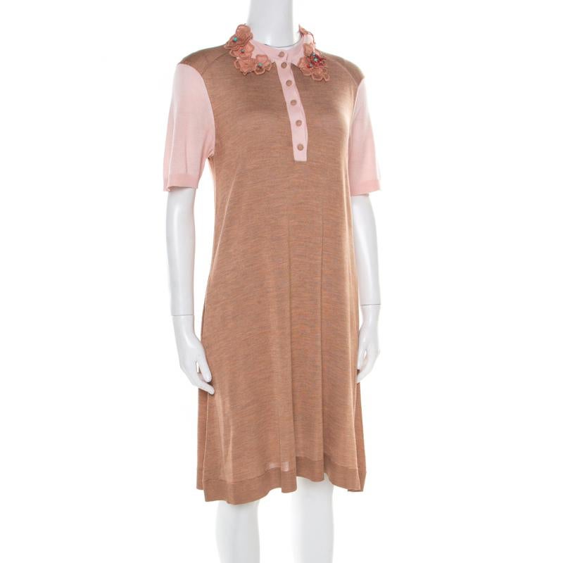 Louis Vuitton Beige Silk Knit Floral and Bead Applique Polo T-Shirt Dress L In Good Condition In Dubai, Al Qouz 2