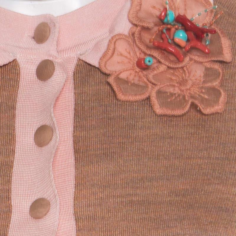 Women's Louis Vuitton Beige Silk Knit Floral and Bead Applique Polo T-Shirt Dress L