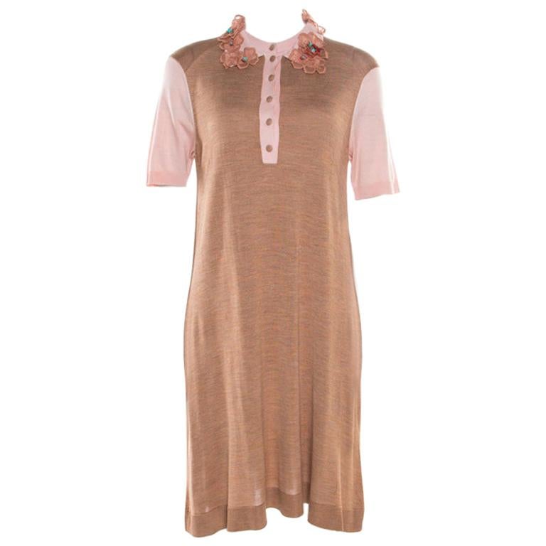 Louis Vuitton Beige Silk Knit Floral and Bead Applique Polo T-Shirt Dress L