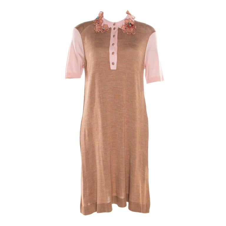 Louis Vuitton Beige Silk Knit Floral and Bead Applique Polo T-Shirt Dress L