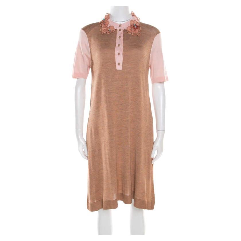 Louis Vuitton Beige Silk Knit Floral and Bead Applique Polo T-Shirt Dress L