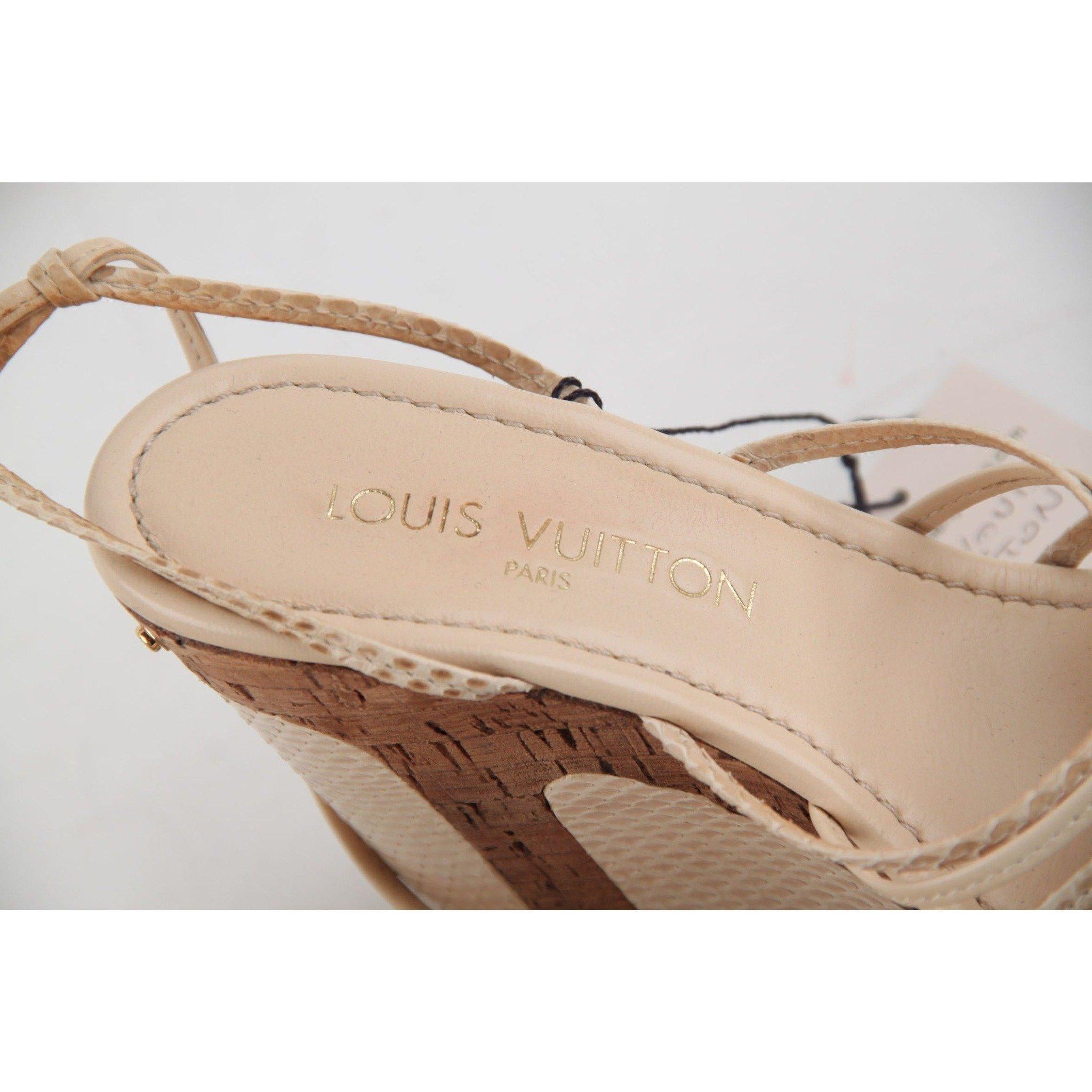 Louis Vuitton Beige Snakeskin & Leather WEDGE SHOES Cork Platform SZ 36 1/2 In Excellent Condition In Rome, Rome