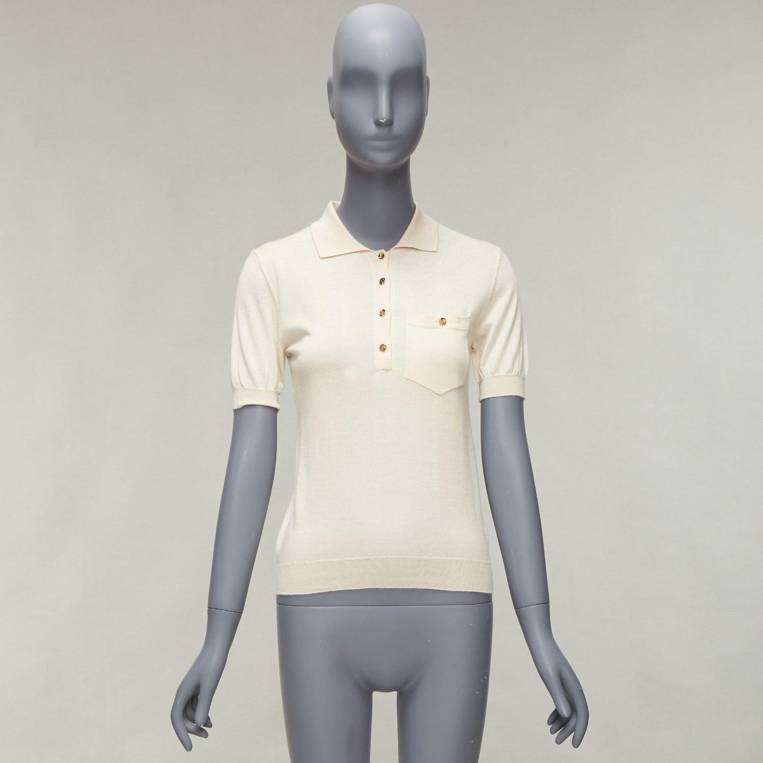 LOUIS VUITTON beige soft knit gold LV logo button pocketed polo shirt XS 6