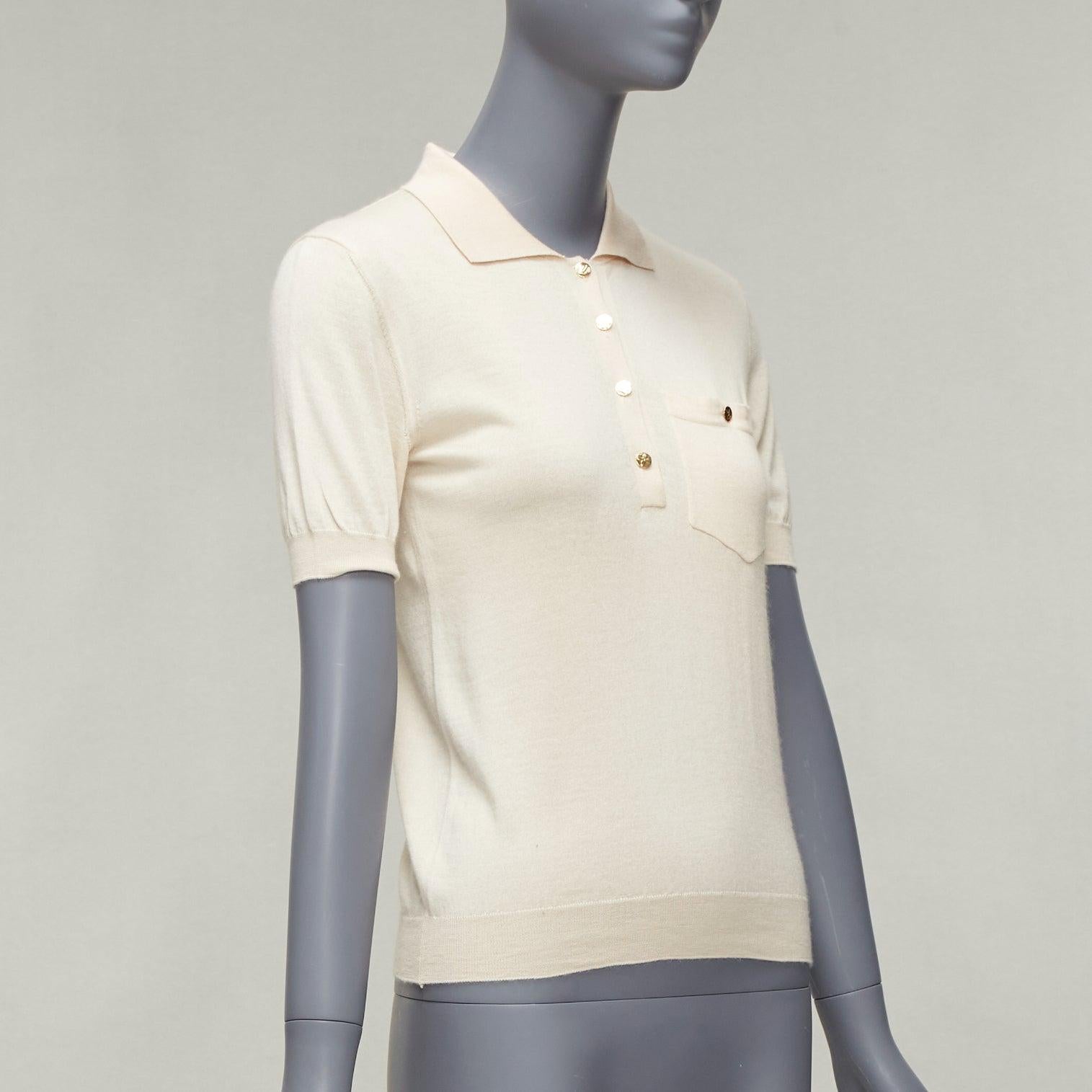 LOUIS VUITTON beige soft knit gold LV logo button pocketed polo shirt XS In Good Condition In Hong Kong, NT