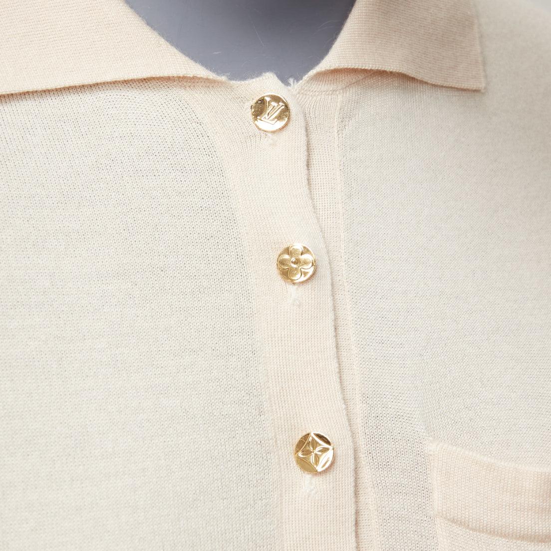 LOUIS VUITTON beige soft knit gold LV logo button pocketed polo shirt XS 3