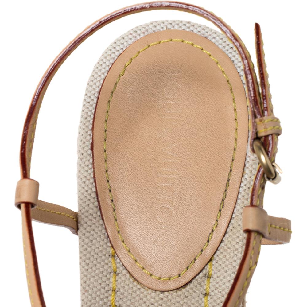 Louis Vuitton Beige Vachetta Leather Espadrille Wedge Sandals Size 38 In Good Condition In Dubai, Al Qouz 2