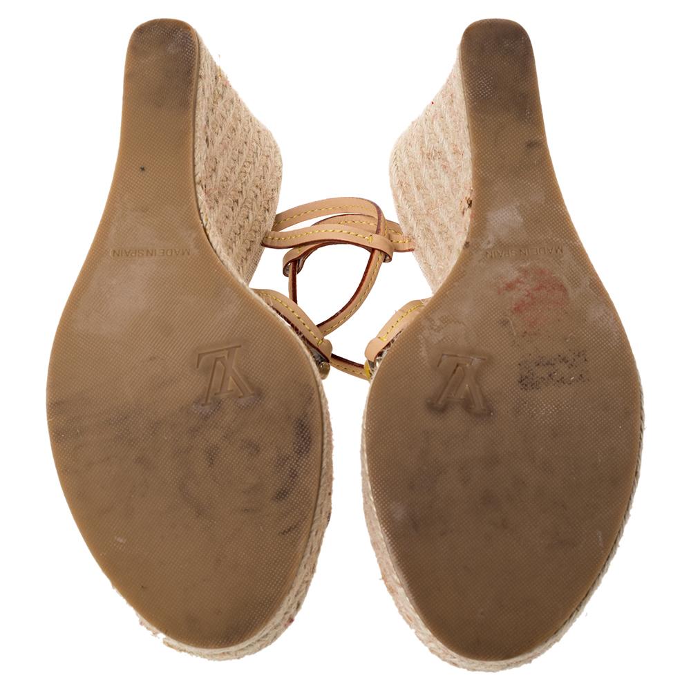 Women's Louis Vuitton Beige Vachetta Leather Espadrille Wedge Sandals Size 38