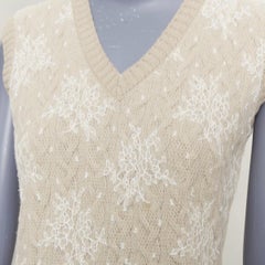 Louis Vuitton Beiges, cremefarbenes Strickkleid aus Wolle mit Spitzenüberzug, V-Ausschnitt und ohne Ärmel, Größe S