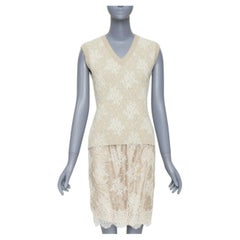 Louis Vuitton Beiges, cremefarbenes Strickkleid aus Wolle mit Spitzenüberzug, V-Ausschnitt und ohne Ärmel, Größe S
