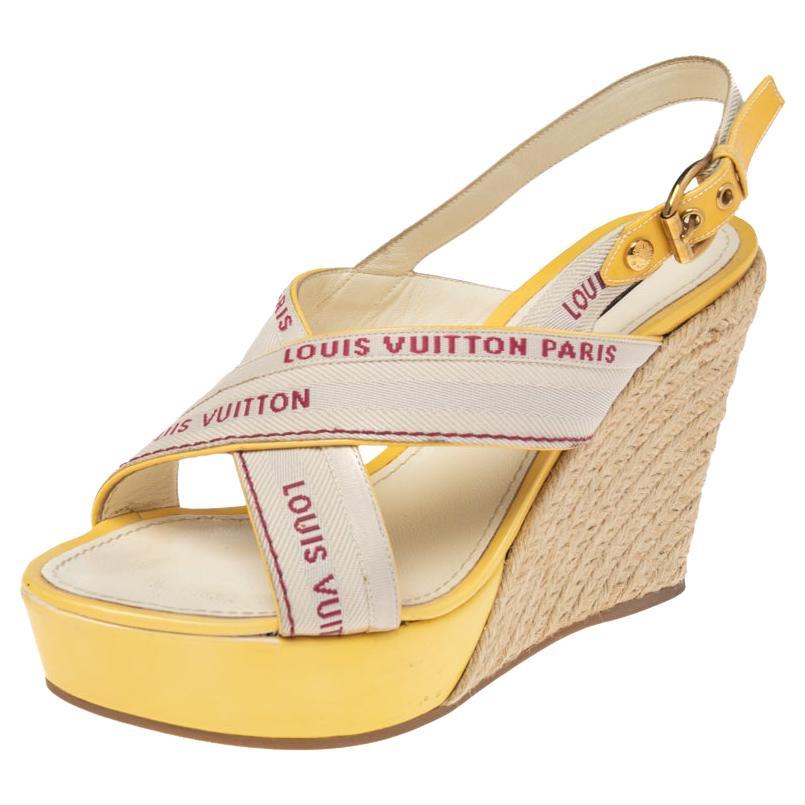 Louis Vuitton Beige/Yellow Canvas Cross Strap Espadrilles Wedge Sandals Size 39