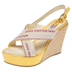 Louis Vuitton Beige/Yellow Canvas Cross Strap Espadrilles Wedge Sandals Size 39