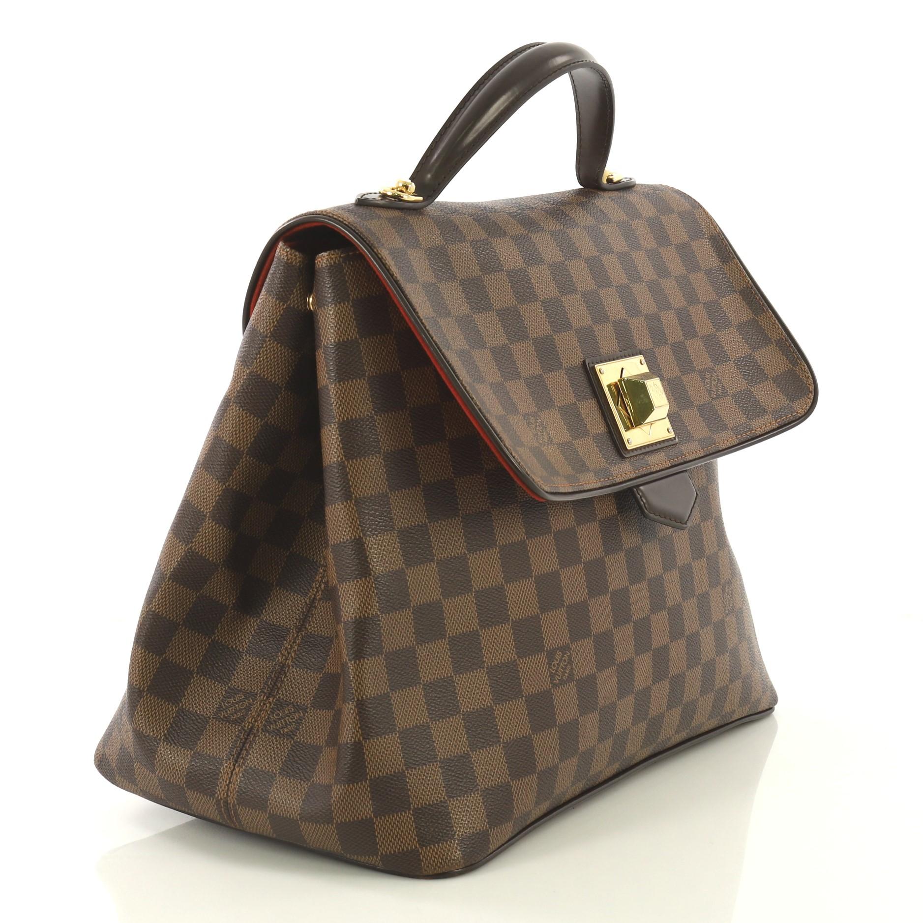 This Louis Vuitton Bergamo Handbag Damier GM, crafted from damier ebene coated canvas, features leather top handle and gold-tone hardware. Its flap with turn-lock closure opens to a red microfiber interior with side slip pockets. Authenticity code