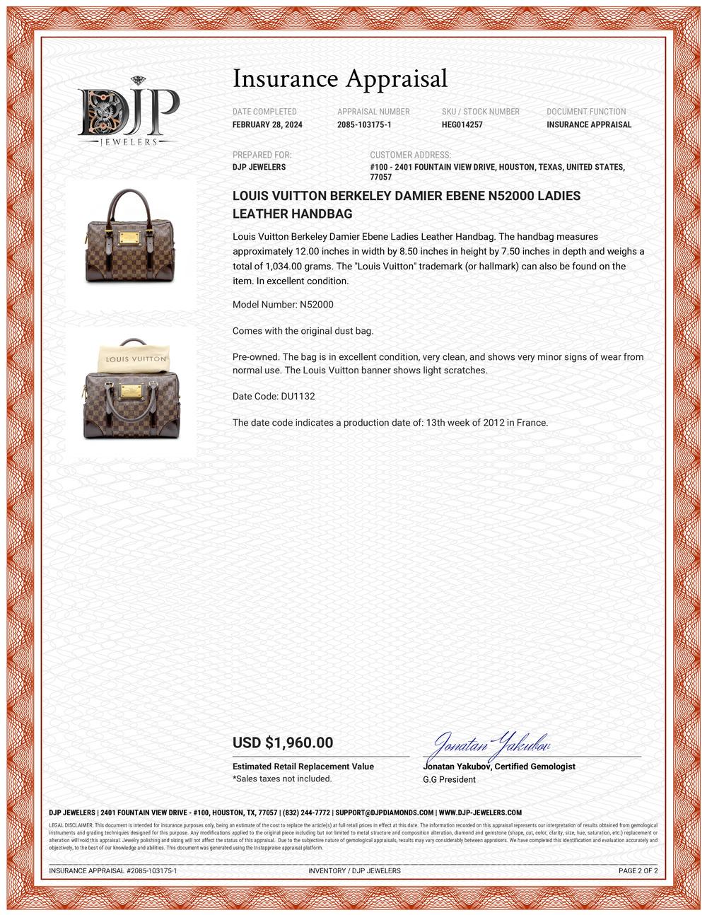 Louis Vuitton Berkeley Damier Ebene N52000 Ladies Leather Handbag For Sale 15