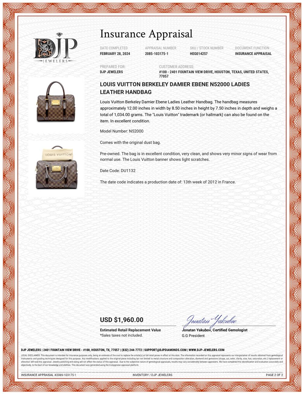 Louis Vuitton Berkeley Damier Ebene N52000 Ladies Leather Handbag 14