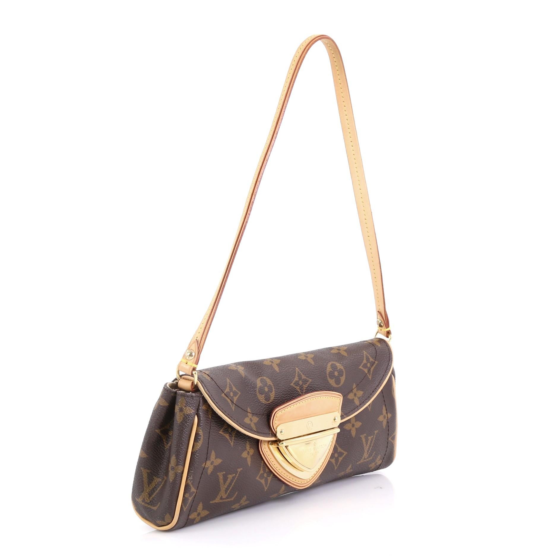 This Louis Vuitton Beverly Clutch Monogram Canvas, crafted from brown monogram coated canvas, features natural cowhide leather shoulder strap and gold-tone hardware. Its oversized push-lock closure opens to a neutral microfiber interior with slip