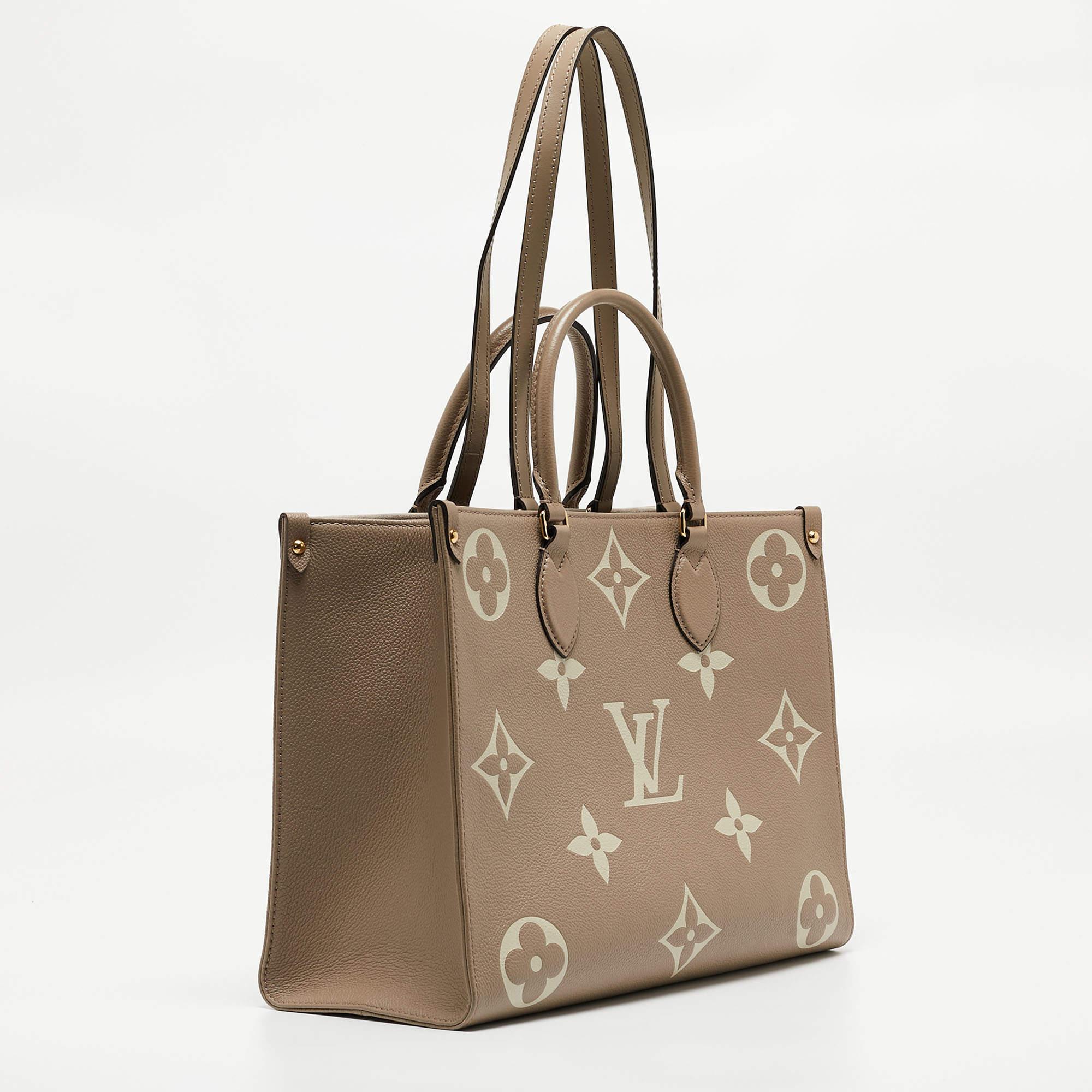 From Louis Vuitton’s Monogram Giant capsule collection comes this Onthego bag that presents the iconic pattern in a new style. It features the signature logo and flower motifs in a super-sized format. This creation is a structured tote with an