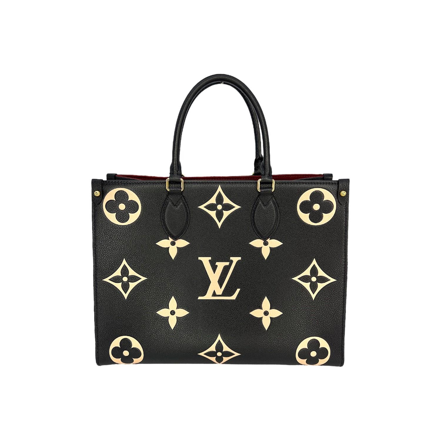 This Louis Vuitton OnTheGo MM was made in France and it is finely crafted of the Louis Vuitton Giant Monogram Empreinte leather exterior with gold-tone hardware features. It has dual rolled leather top handles and it also has dual flat leather