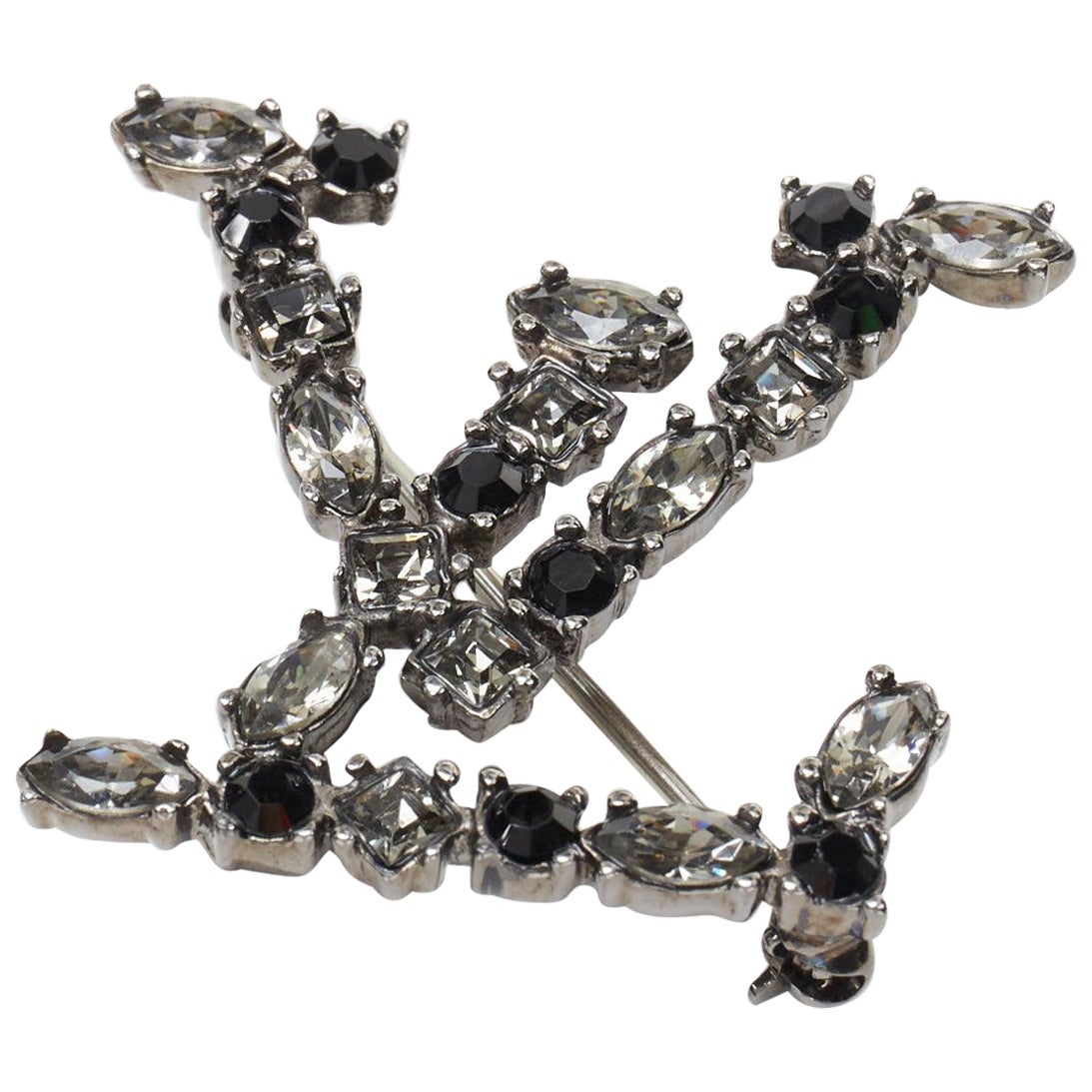 LOUIS VUITTON big LV logo black clear rhinestone diamante pin brooch