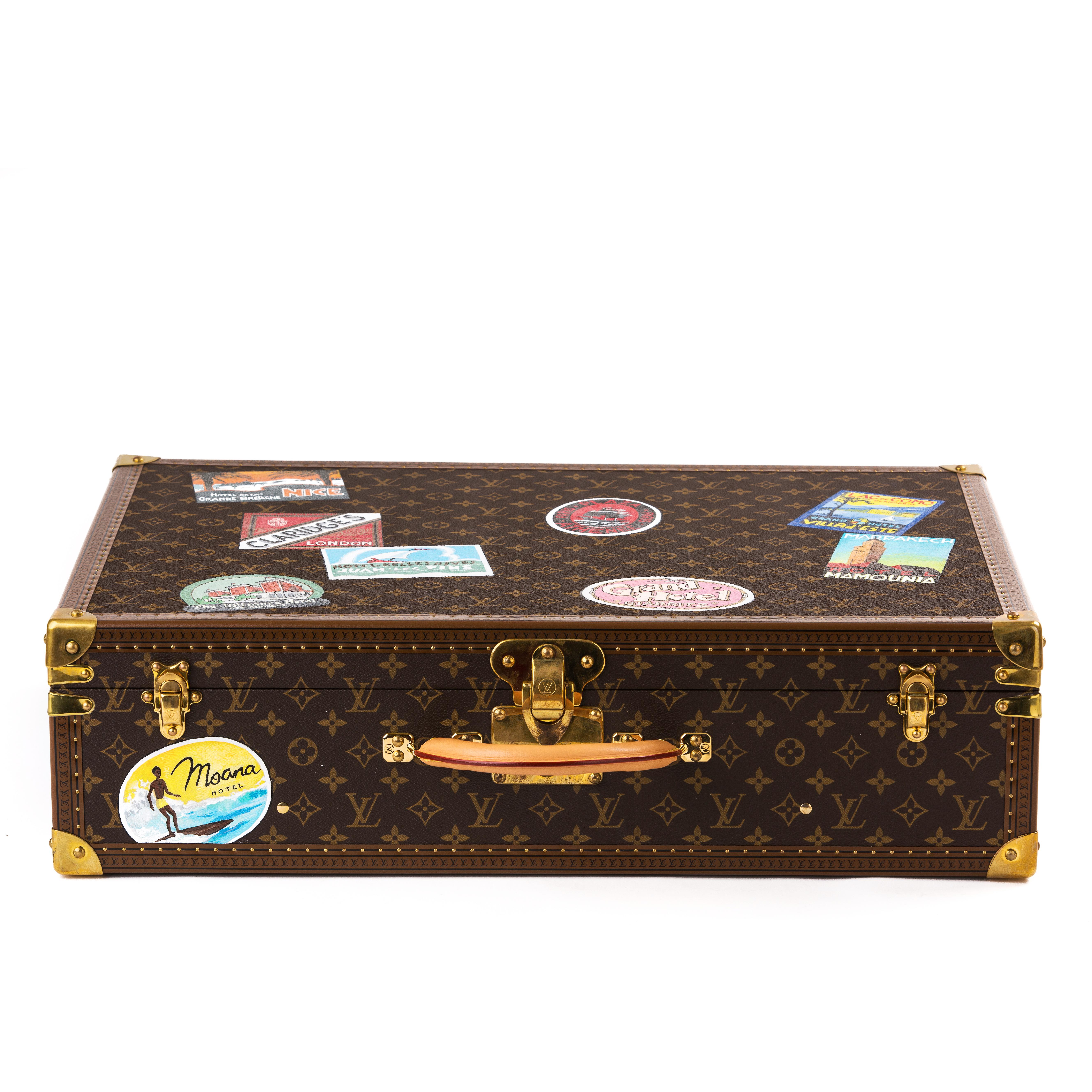 American Colonial Louis Vuitton Bisten Suitcase 65 Monogram with Stickers For Sale