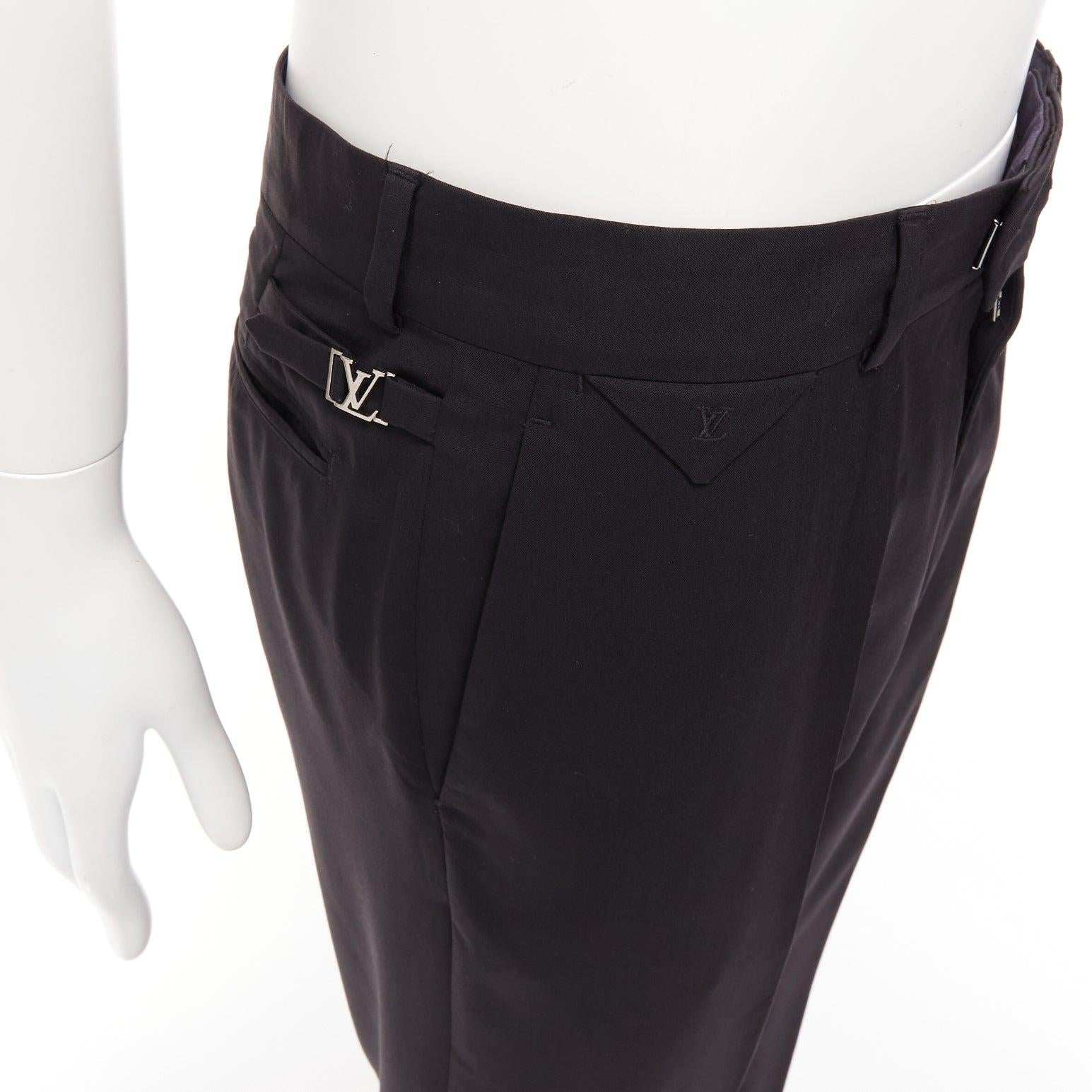 LOUIS VUITTON black 100% wool silver LV logo buckle sides cropped pants FR42 M 3