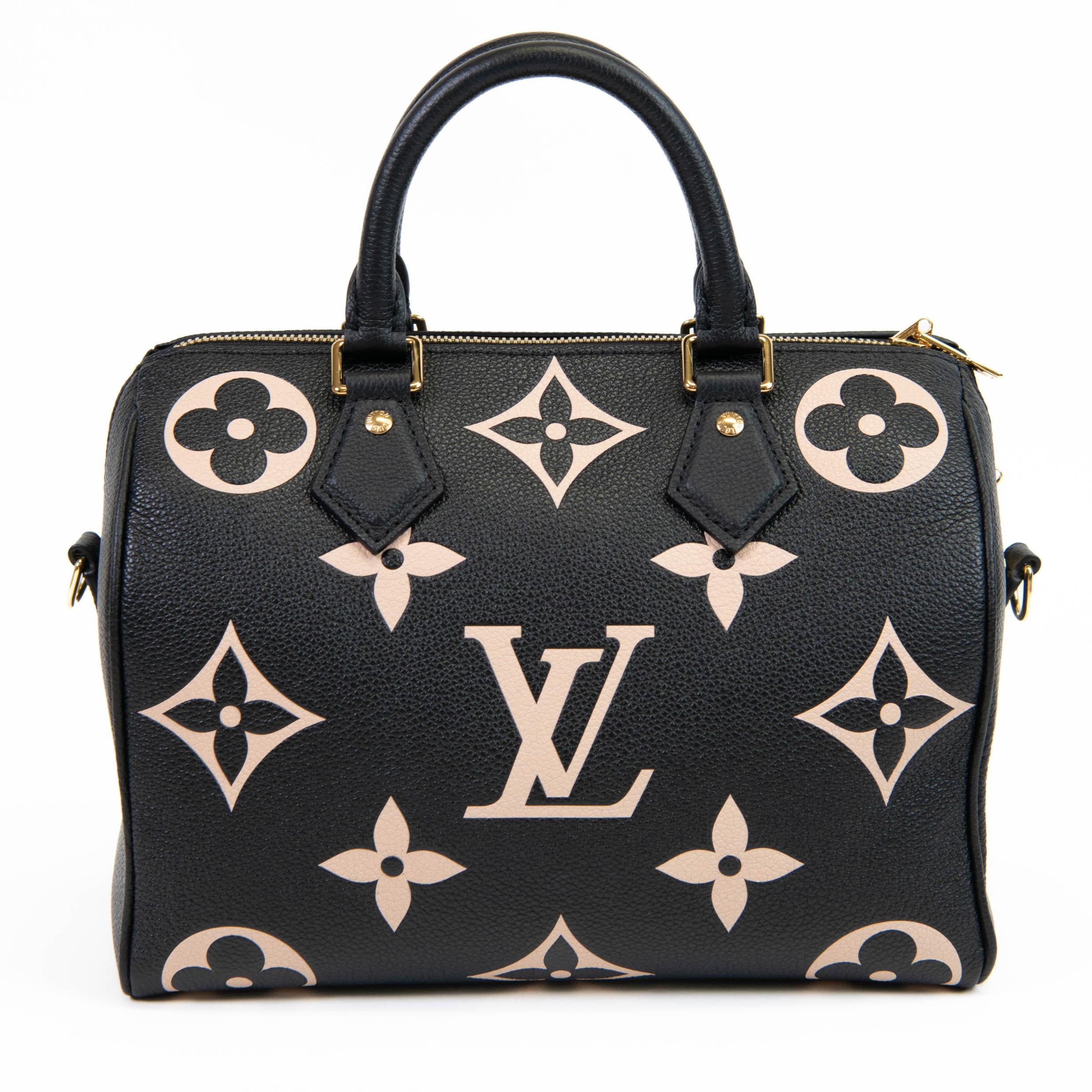 Louis Vuitton Black and Beige Empreinte Monogram Leather Giant Speedy Bandoulier In Excellent Condition For Sale In Corona Del Mar, CA