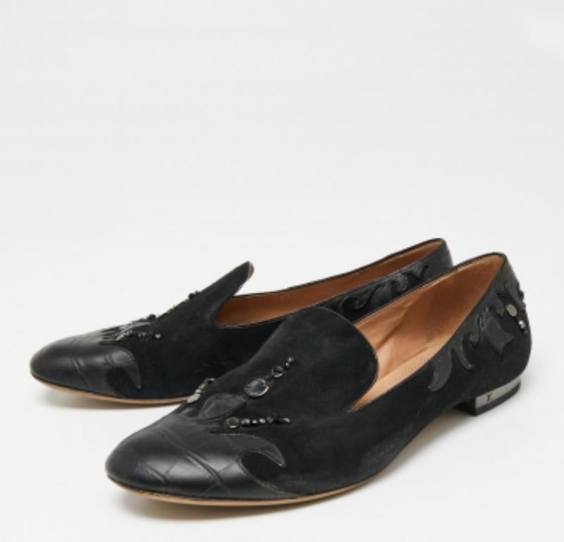 Louis Vuitton Schwarz Perlen Wildleder und Krokodil Cap Toe Smoking Slippers Größe 38 Damen im Angebot