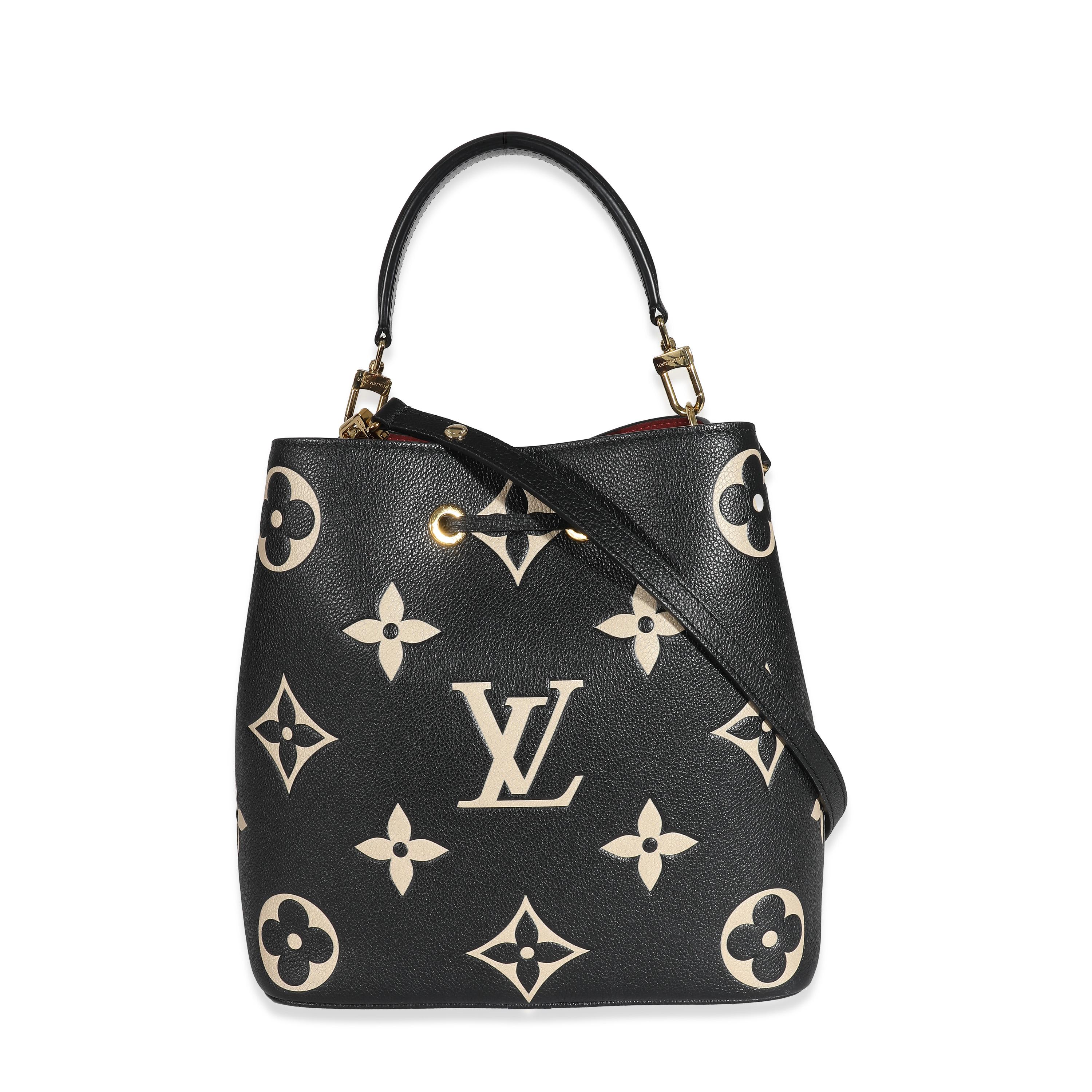 Listing Title: Louis Vuitton Black Beige Giant Monogram Empreinte NeoNoe MM
SKU: 136252
MSRP: 2840.00 USD
Condition: Pre-owned 
Handbag Condition: Excellent
Condition Comments: Item is in excellent condition and displays light signs of wear. 