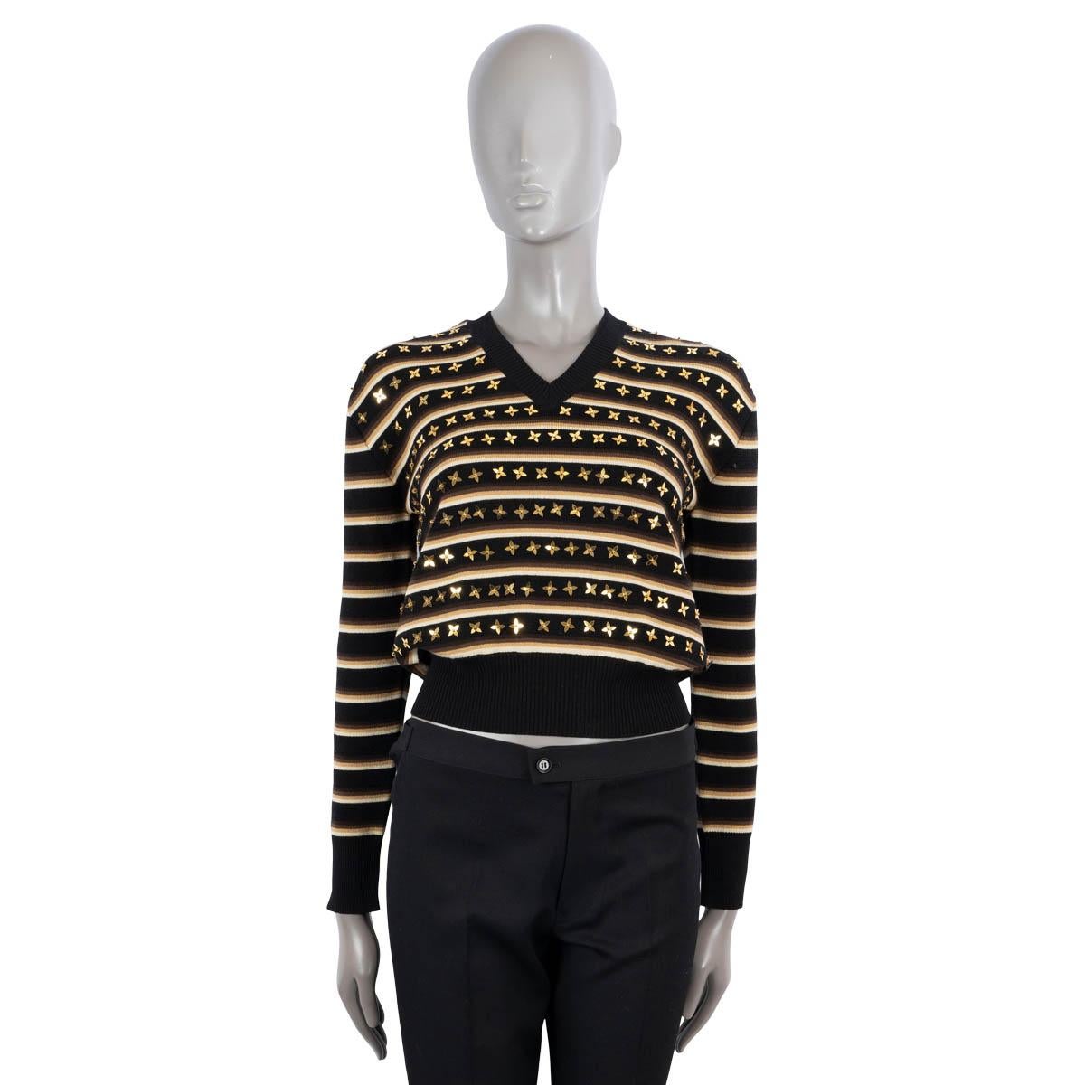 LOUIS VUITTON black beige gold wool 2020 SEQUIN STAR STRIPED V-Neck Sweater S In Excellent Condition For Sale In Zürich, CH