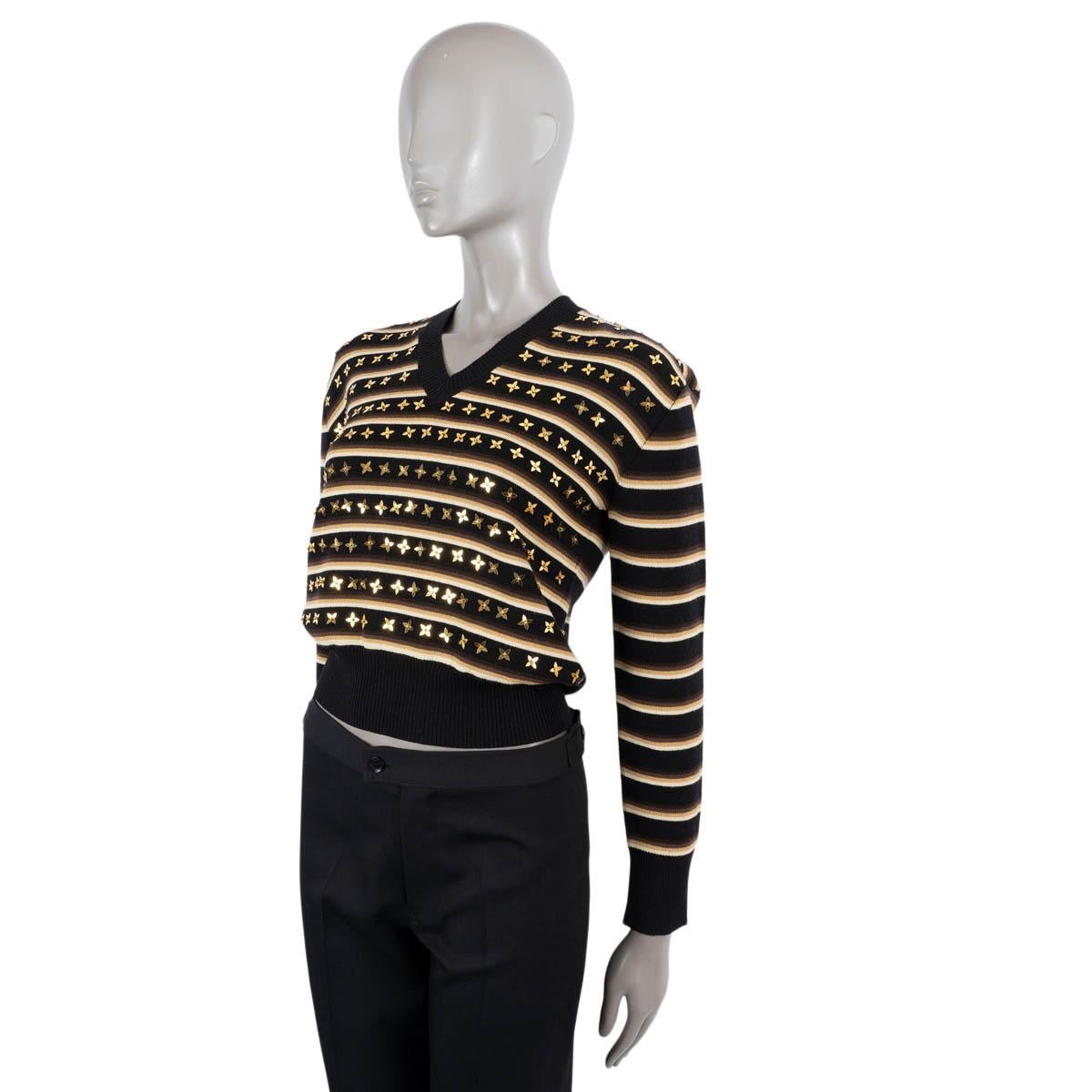 Women's LOUIS VUITTON black beige gold wool 2020 SEQUIN STAR STRIPED V-Neck Sweater S For Sale
