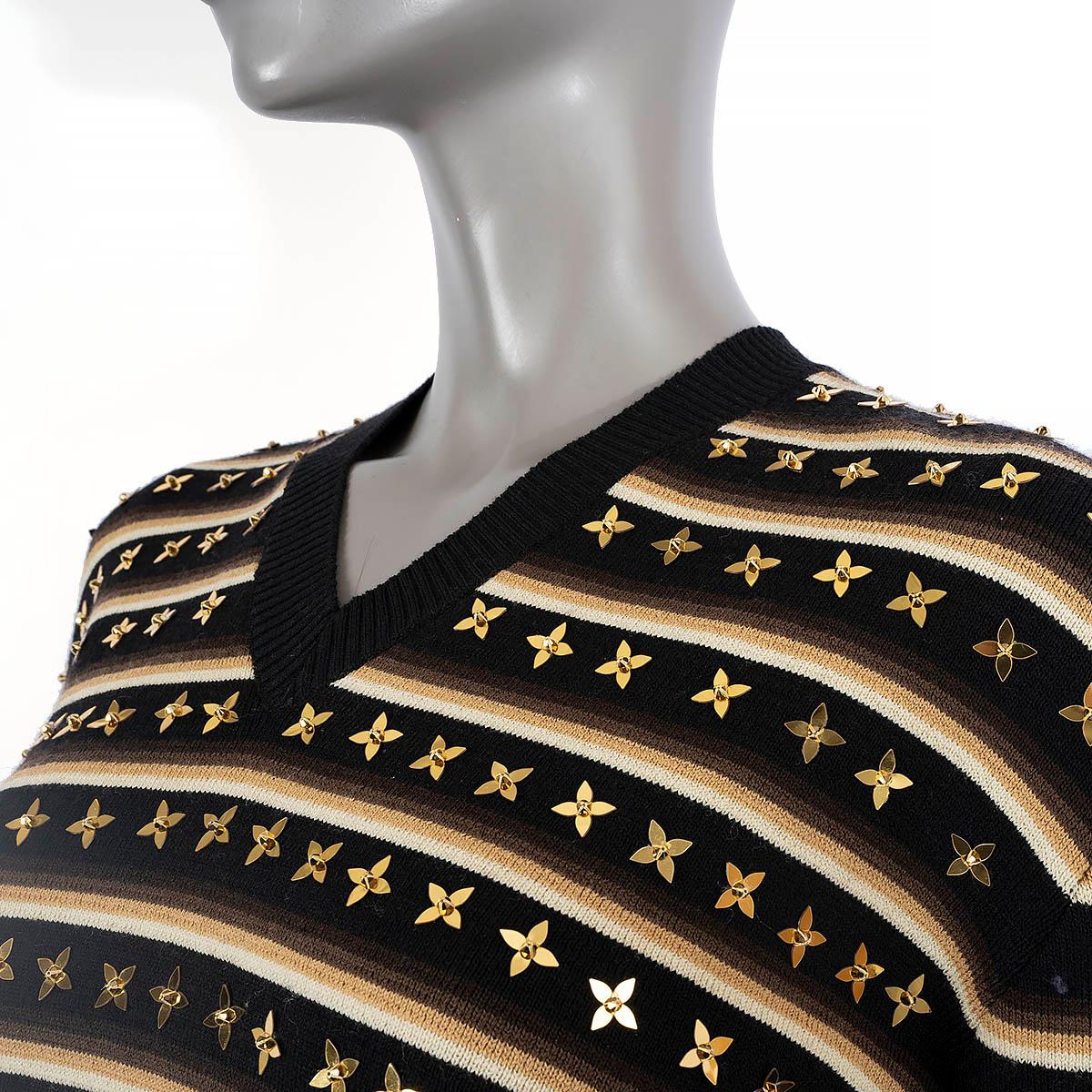 LOUIS VUITTON black beige gold wool 2020 SEQUIN STAR STRIPED V-Neck Sweater S For Sale 2