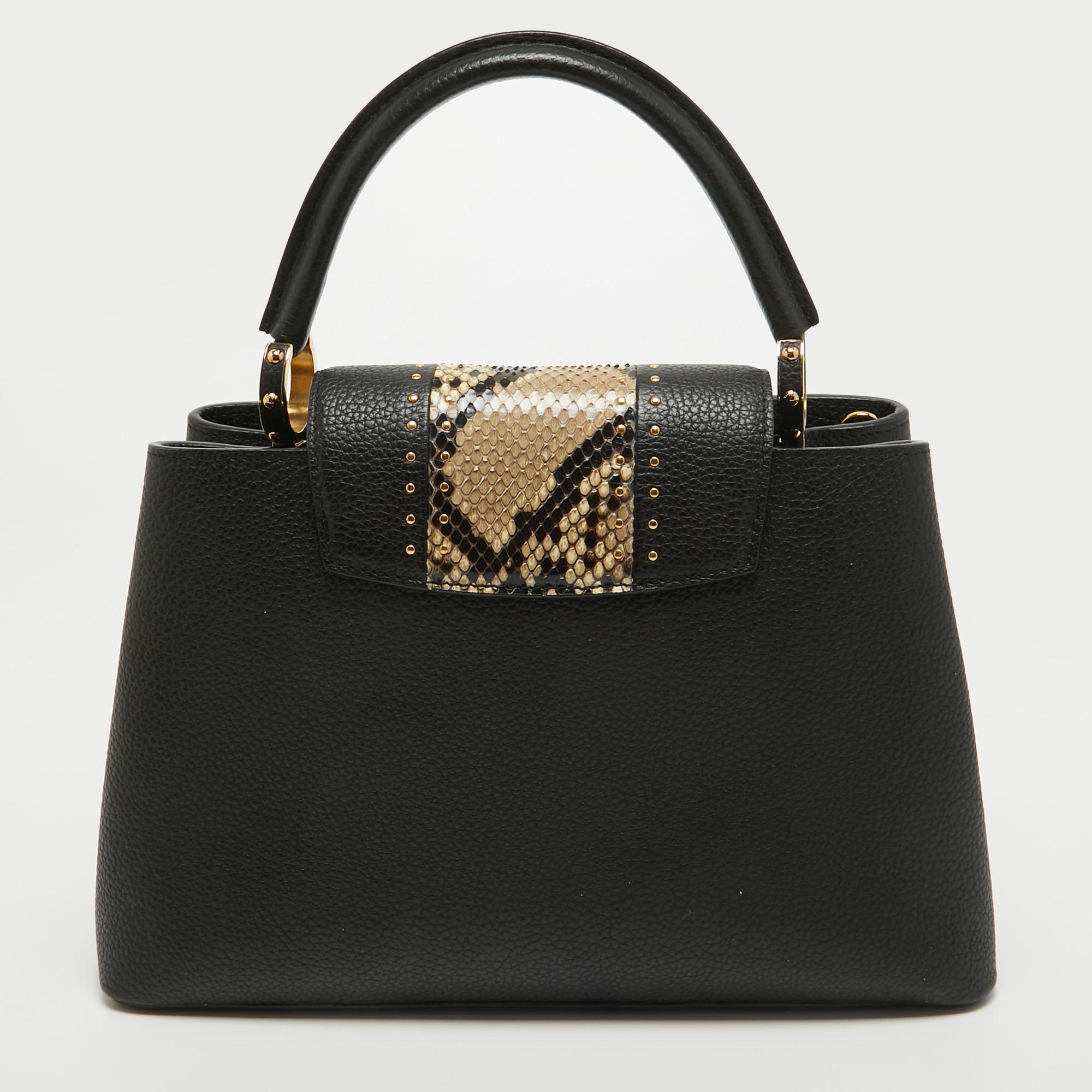 Louis Vuitton Black/Beige Leather and Python Capucines MM Bag 5