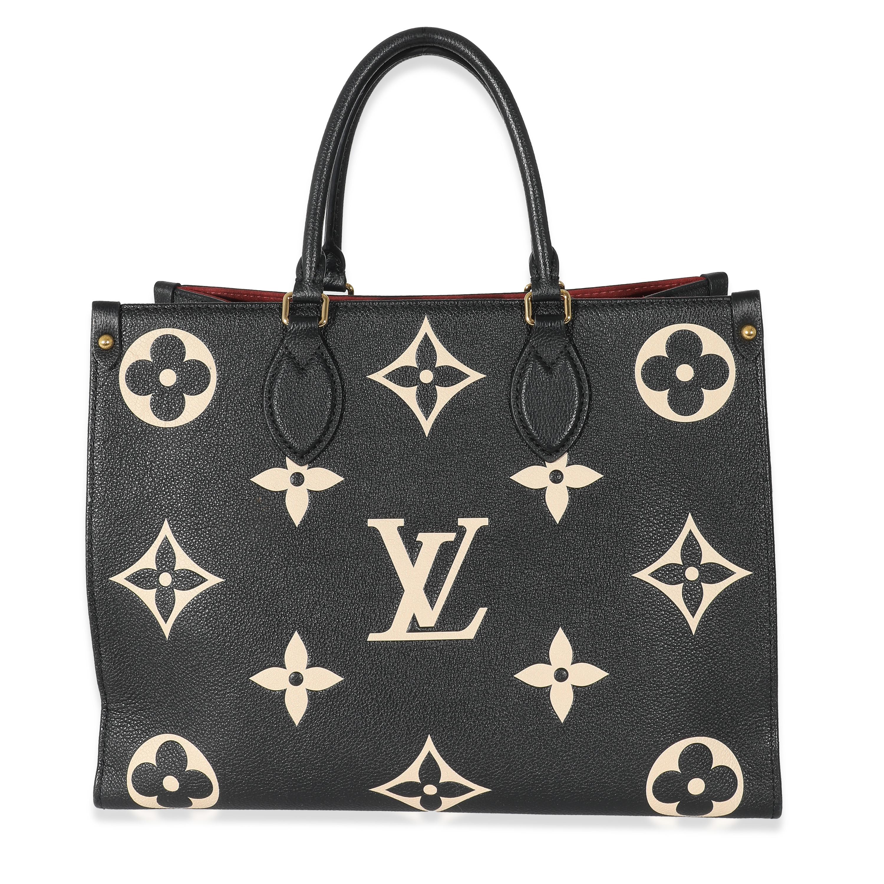 Listing Title: Louis Vuitton Black Beige Monogram Giant Empreinte Onthego MM
SKU: 133902
MSRP: 3500.00 USD
Condition: Pre-owned 
Condition Description: This bag says it all. The Onthego bag from Louis Vuitton is designed for busy lifestyles. Topped