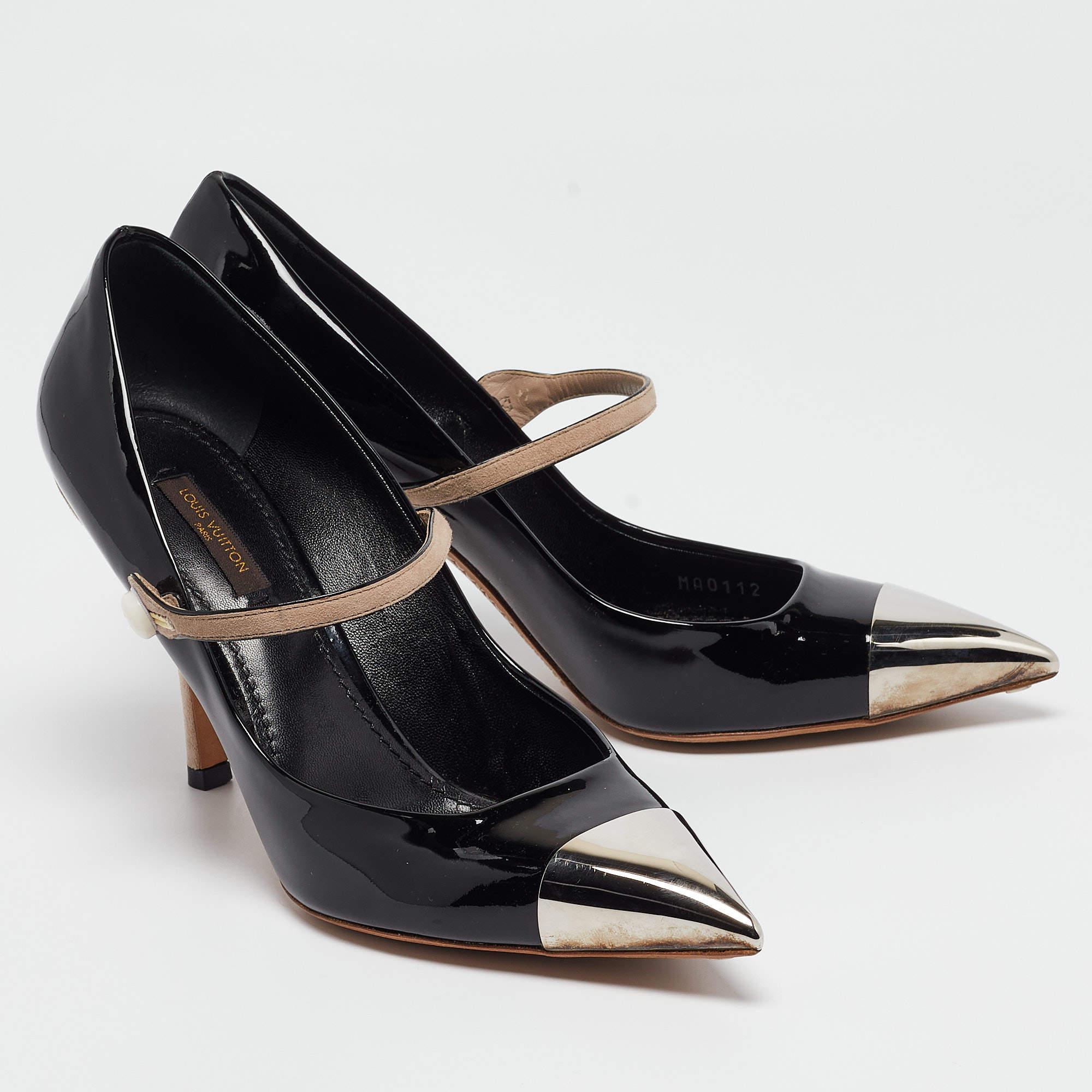 Women's Louis Vuitton Black/Beige Patent Mary Jane Pumps Size 39.5 For Sale