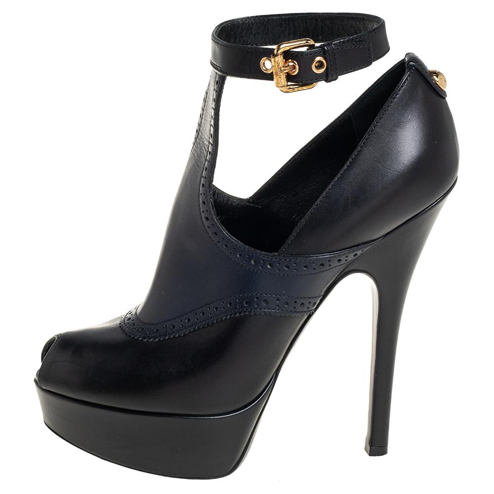 Louis Vuitton Black/Blue Leather Ankle Strap Bootie Size 38.5 1