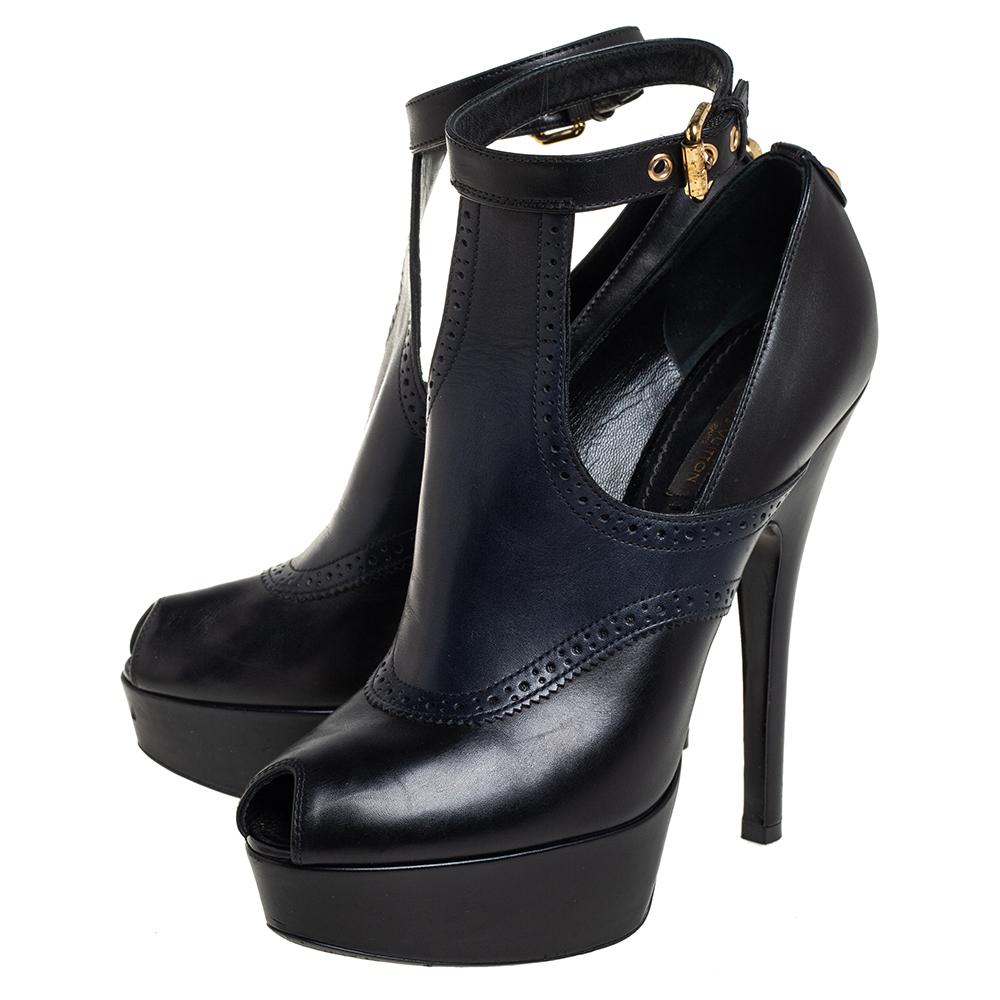 Louis Vuitton Black/Blue Leather Ankle Strap Bootie Size 38.5 3