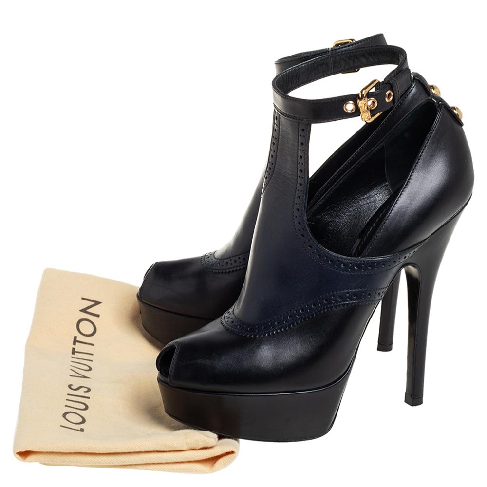 Louis Vuitton Black/Blue Leather Ankle Strap Bootie Size 38.5 4