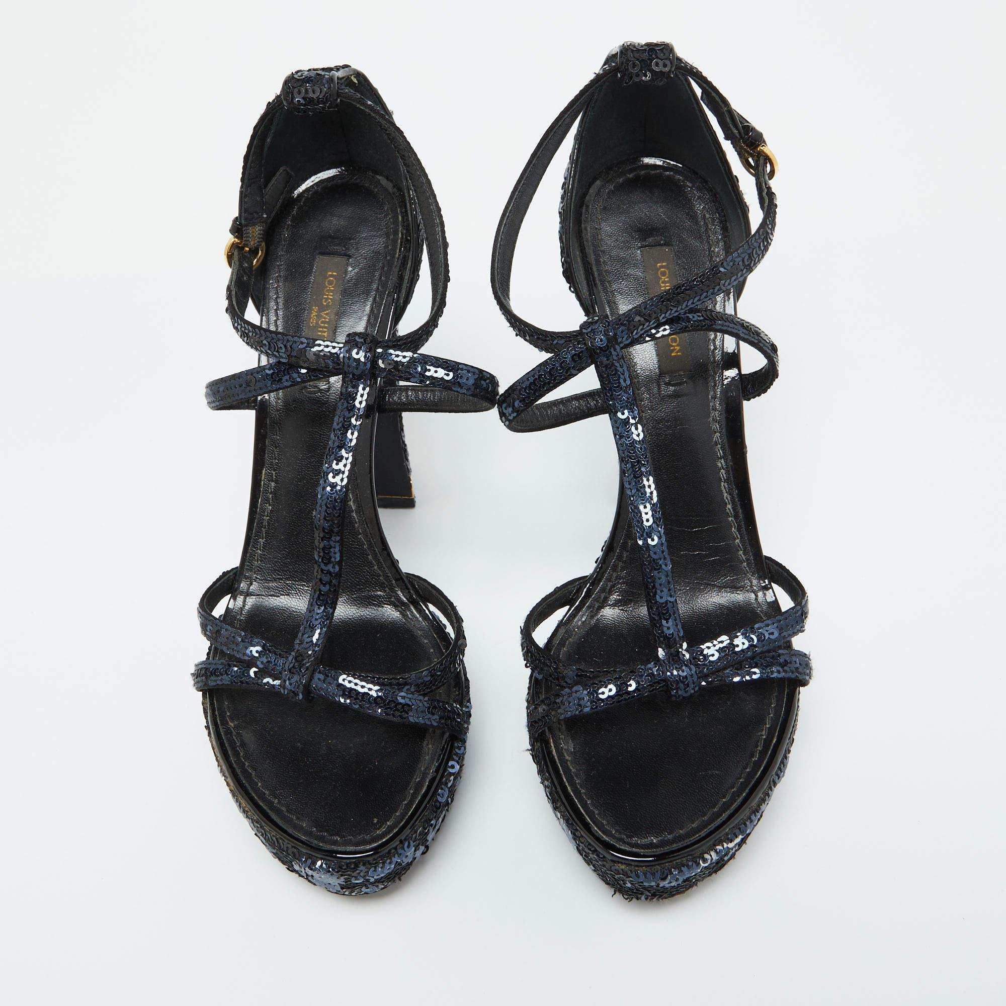Louis Vuitton Black/Blue Sequins Platform Ankle Strap Sandals Size 36.5 In Good Condition For Sale In Dubai, Al Qouz 2