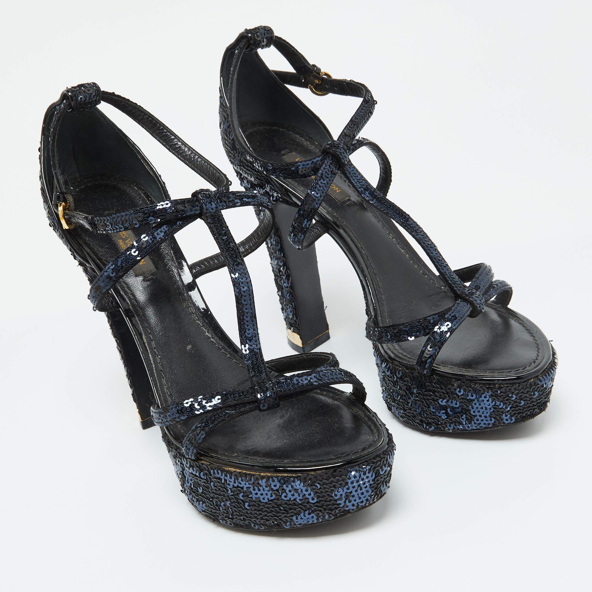 Women's Louis Vuitton Black/Blue Sequins Platform Ankle Strap Sandals Size 36.5 For Sale