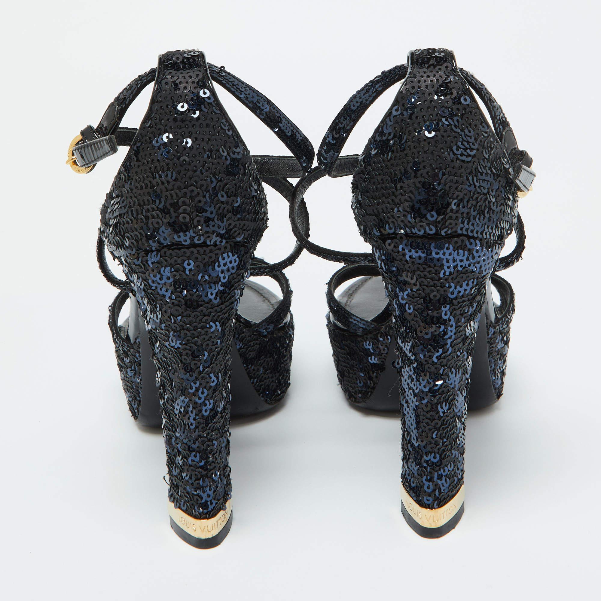 Louis Vuitton Black/Blue Sequins Platform Ankle Strap Sandals Size 36.5 For Sale 1