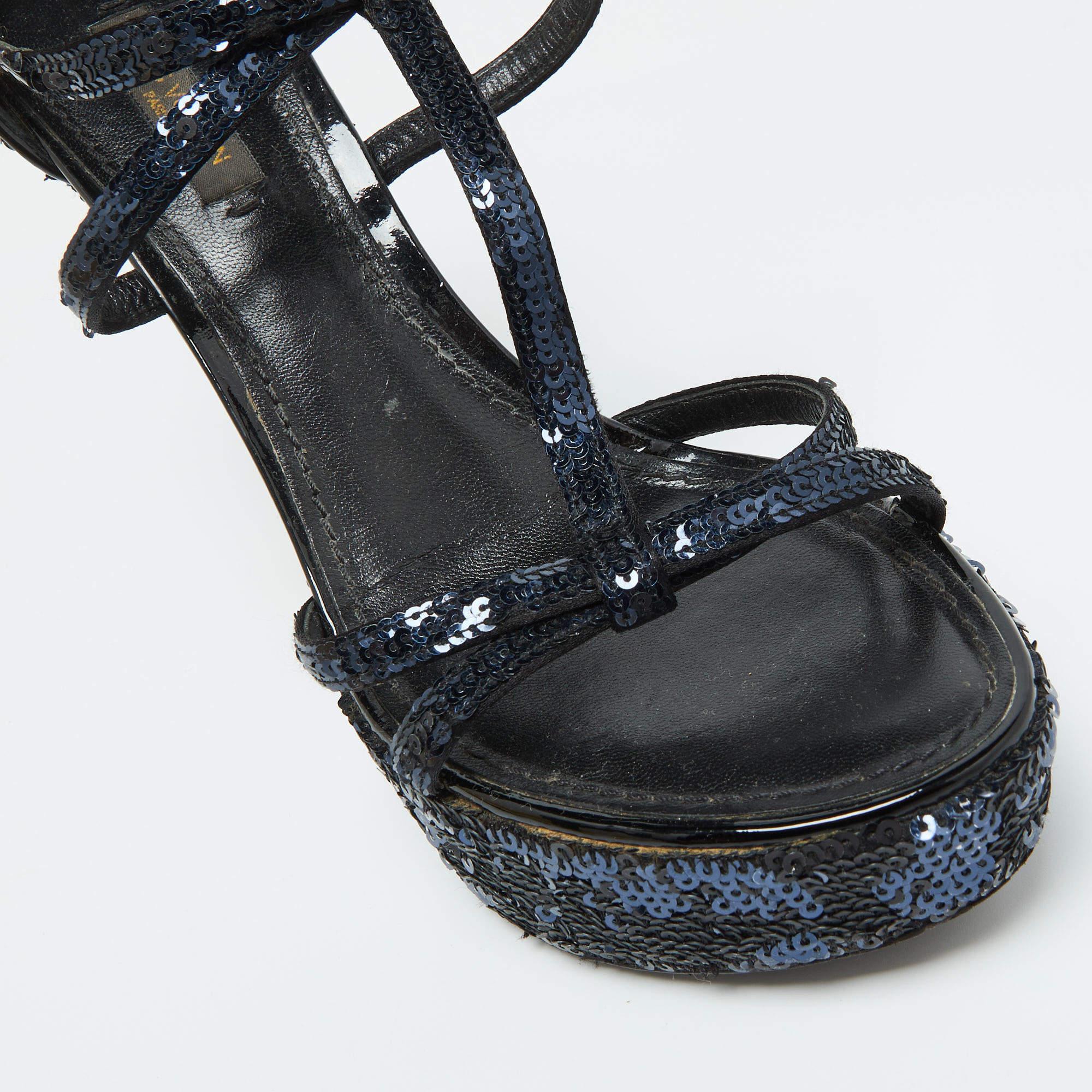 Louis Vuitton Black/Blue Sequins Platform Ankle Strap Sandals Size 36.5 For Sale 4