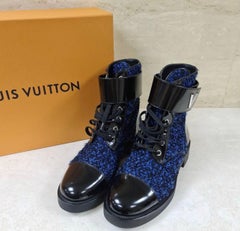 Louis Vuitton Black  Blue Tweed Wonderland Flat Ranger Boots