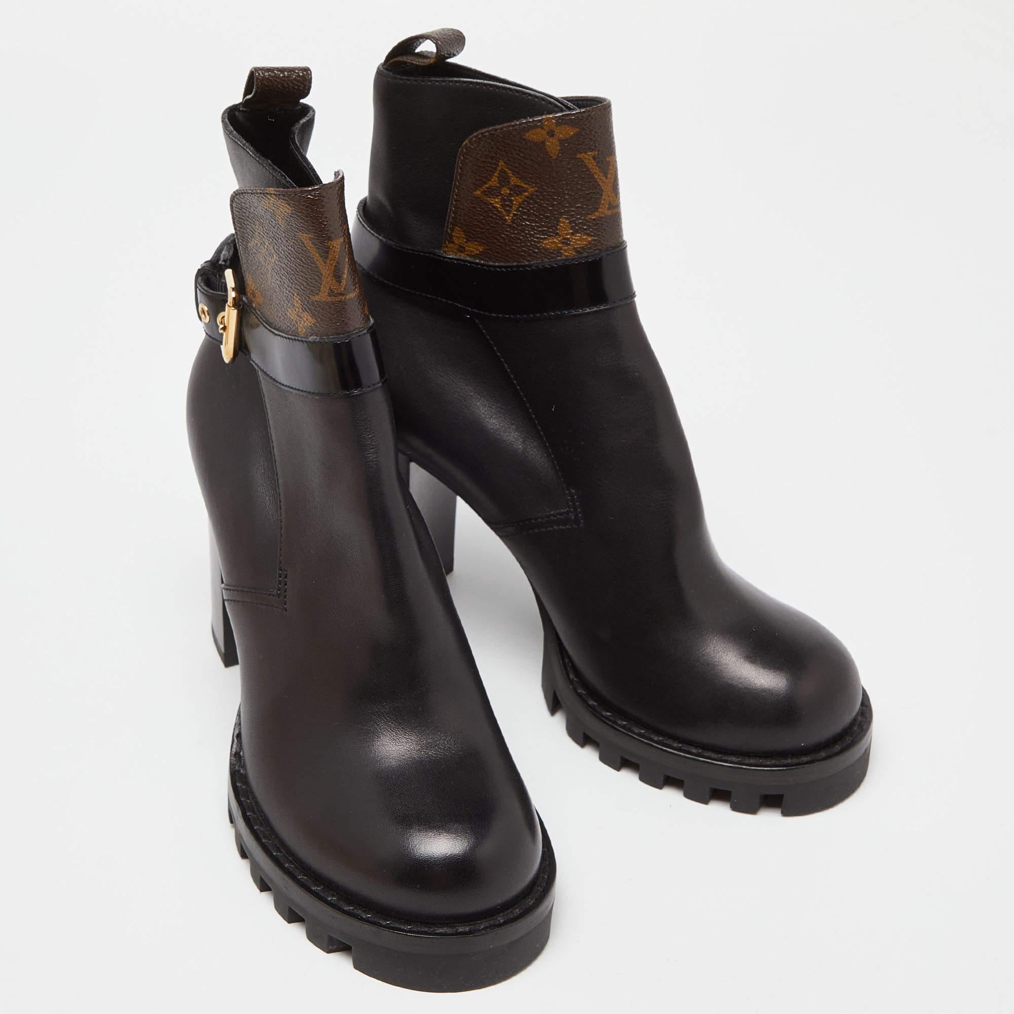 Louis Vuitton Black/Brown Monogram Canvas and Leather Ankle Length Boots Size 39 For Sale 1
