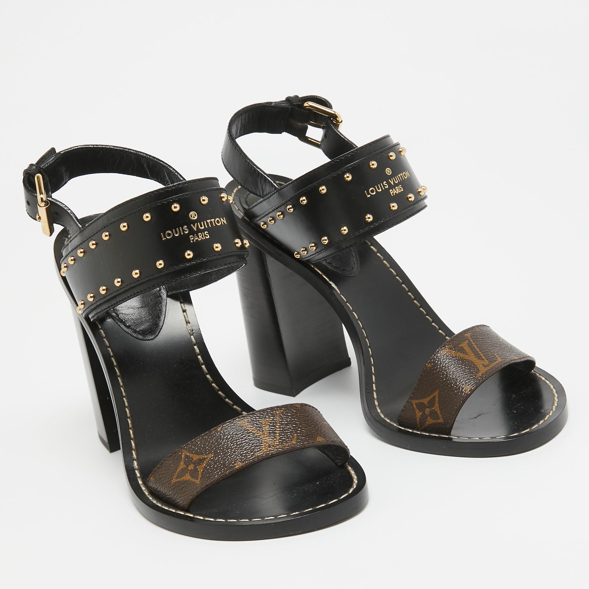Women's Louis Vuitton Black/Brown Monogram Canvas Nomad Ankle Strap Sandals Size 38.5
