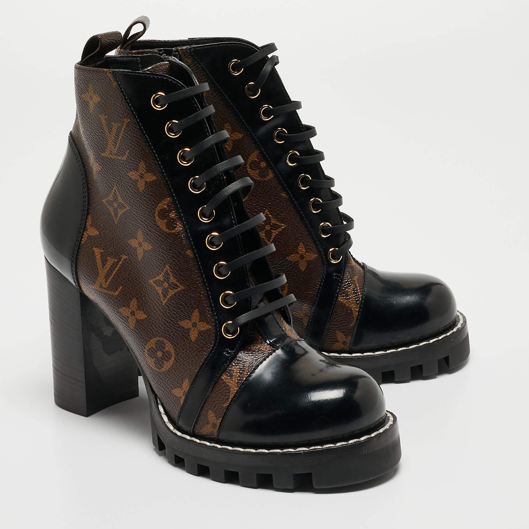 Louis Vuitton Black/Brown Patent Leather and Monogram Canvas Star Trail Boots Si 1