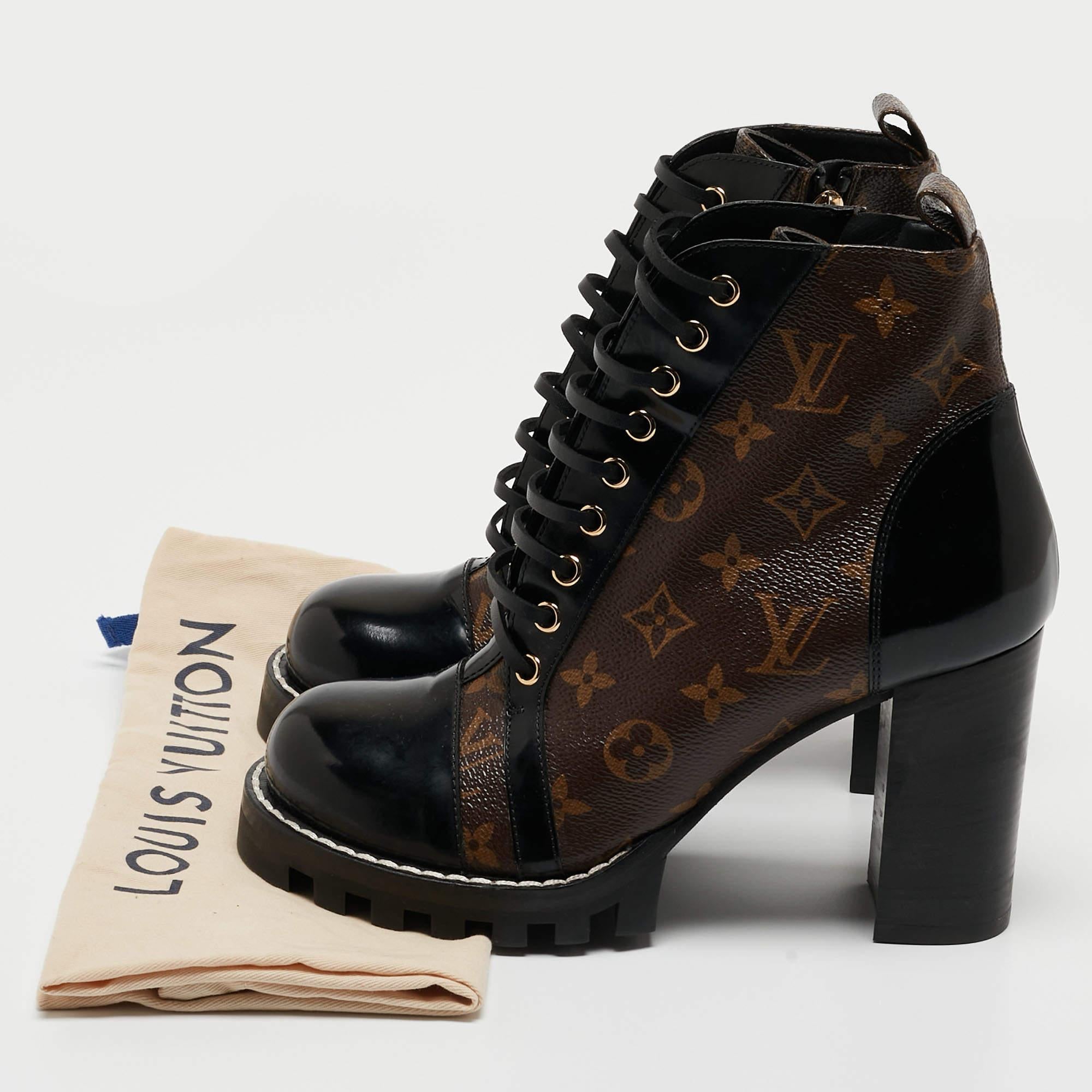 Louis Vuitton Black/Brown Patent Leather and Monogram Canvas Star Trail Boots Si 3