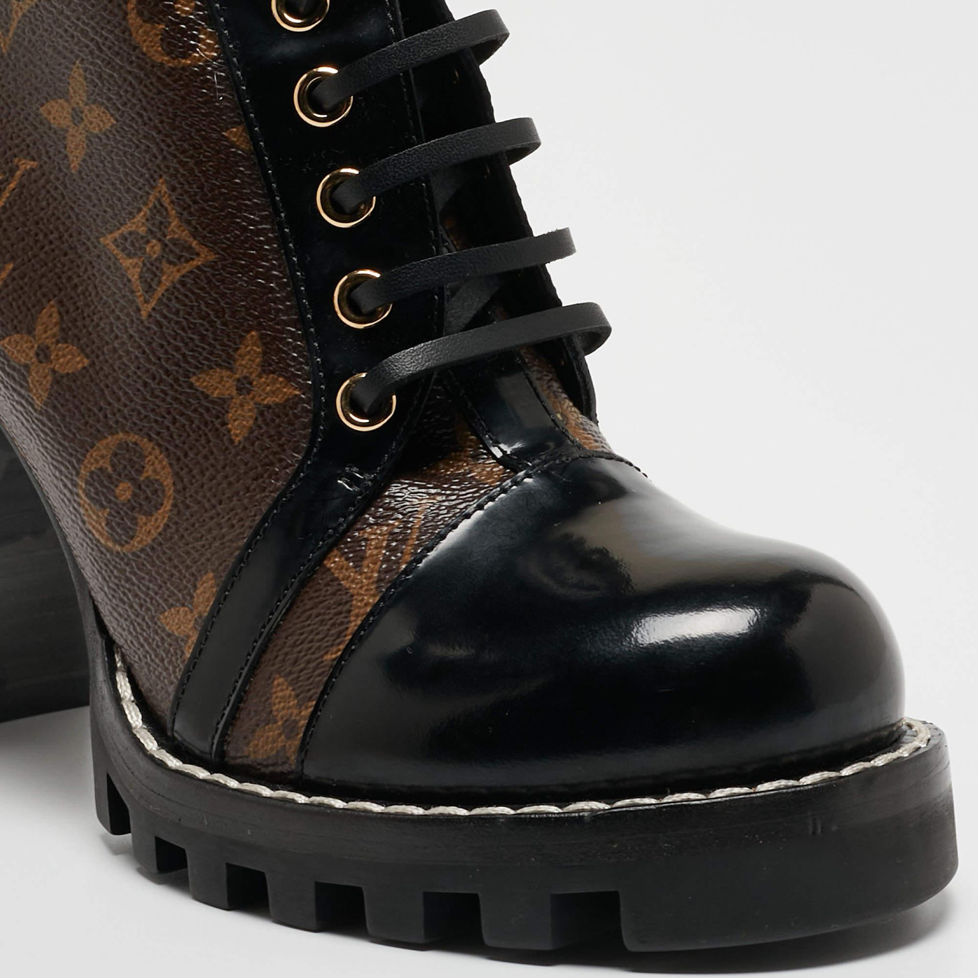Louis Vuitton Black/Brown Patent Leather and Monogram Canvas Star Trail Boots Si 4